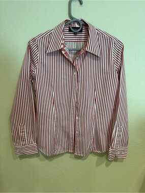 Jones New York Women’s Red and White Striped Blouse- Size PM